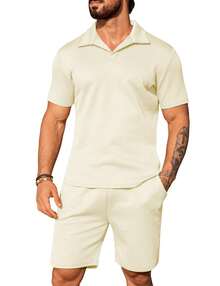 URRU Men's 2 Piece Outfits Summer Casual Texture Beach Short Sleeve Lapel Polo Shirts Shorts Set - Màu be - Xem 1