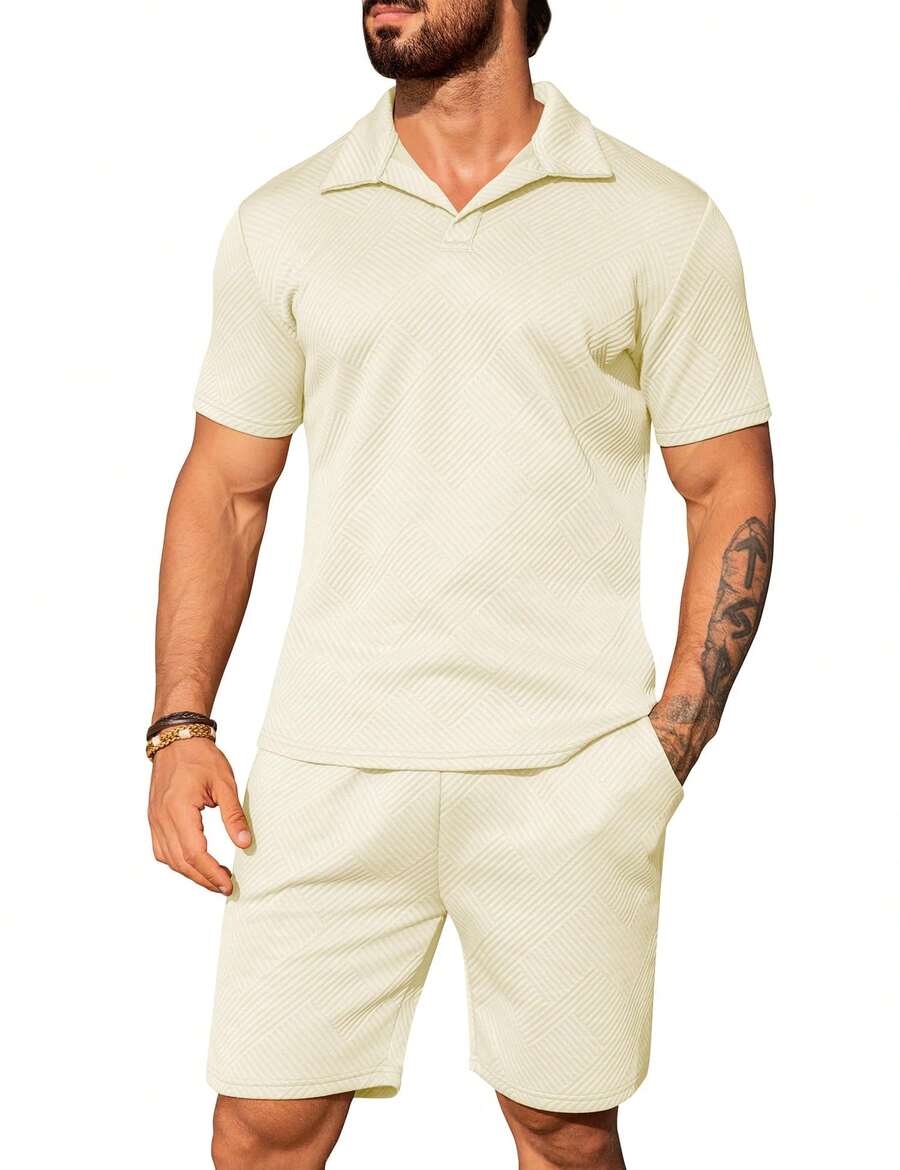 URRU Men's 2 Piece Outfits Summer Casual Texture Beach Short Sleeve Lapel Polo Shirts Shorts Set - Màu be - Xem 1