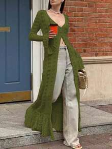 Nuevo cardigan largo de mujer de punto calado con volantes en el bajo, de manga larga, con botones, elegante y sencillo, para uso diario y festivales, estilo streetwear y Y2K, otoño e invierno 2025