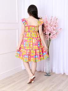 Short Printed Children's Tank Top Dress - 玫瑰紅 - 查看 5