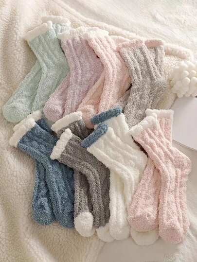 3 paires de chaussettes mi-mollet en polaire douce et épaisse pour femmes, en corail. Convient pour l'automne/l'hiver. Chaussettes moelleuses