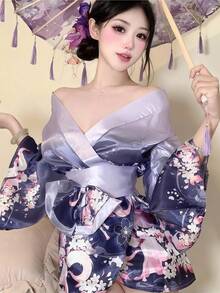 1 pezzo Costume da kimono stile giapponese con motivo sakura, da cameriera, sexy e innocente. Adatto per festival, feste, spettacoli, servizi fotografici. Include solo l'abito.