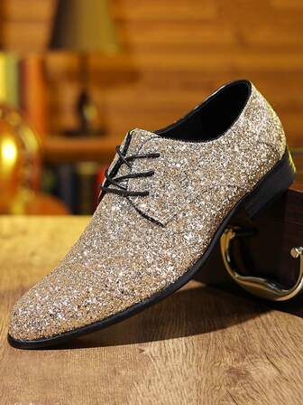 Men's Pointed Toe Lace-Up Leather Shoes, Fashionable Glitter Increased Height Casual Shoes, British Korean Style