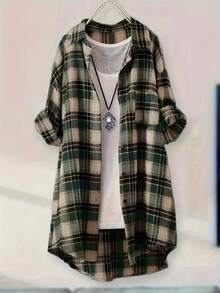 New Women's Wear With A Large-Sized Checkered Lapel Long-Sleeved Shirt And Straight-Breasted Design For 2025