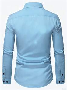1pc Men's Casual/Business Shirt, Intricate Craftsmanship - Pearl Buttons, Comfortable 100% Polyester Fabric, Meticulously Tailored, Slim Fit - Recommended To Pair With Suit Pants - Baby Blue - View 3