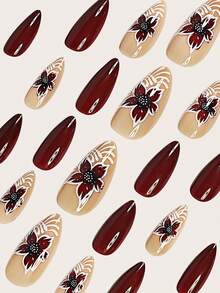 Instantly Upgrade Your Look With 24pcs Press On Nails Short Square Elegant Flowers With White Lines And Red Nails Acrylic Press On Nails Full Coverage Fake Nails For Women And Girls Fall Press On Nails Includes 1sheet Adhesive Tabs & 1pc Mini Files Suitable For Party Date And Office Daily Wear False Nails Jelly Glue Is Randomly Shipped