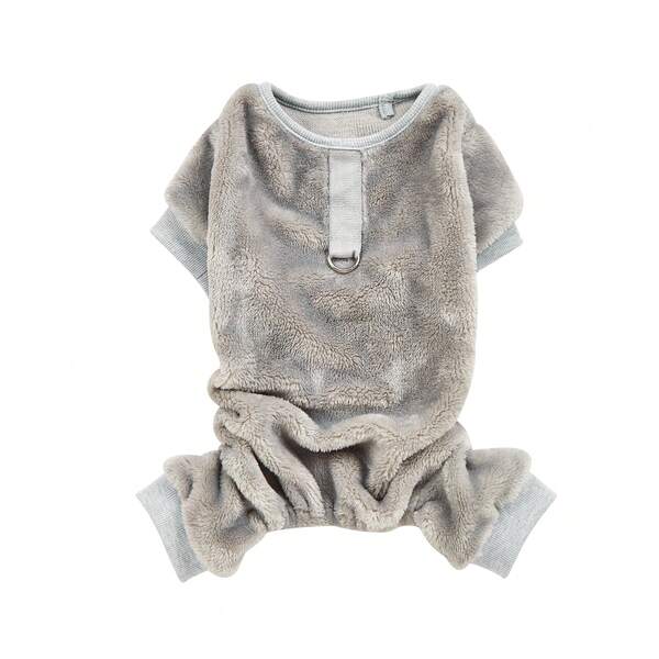 1 pezzo Tuta in pile grigio PV con anello a D per guinzaglio, abbigliamento caldo per gatti e cani, autunno/inverno