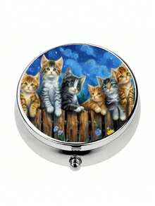 2-Compartment Square & 3-Compartment Round Pill Box, Portable Pocket Or Wallet Sized Decorative Metal Medicine/Vitamin Storage Box, Unique Gift (Starry Night, Puppy) - Multicolor - View 32