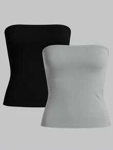 KIT 2 Tube Top Women's Bandeau Cropped Tube Top Strapless Basic Suplex Double Lining Without Pads - 黑色和灰色 - 查看 12