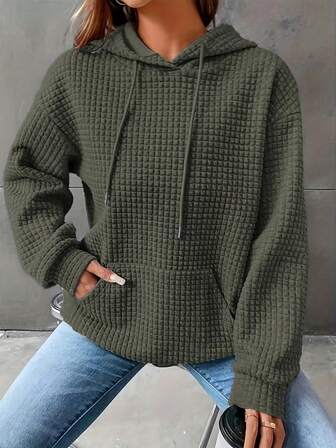 Loose Fit Pullover Solid Color Hooded Long Sleeve Waffle Knit Sweatshirt, Autumn