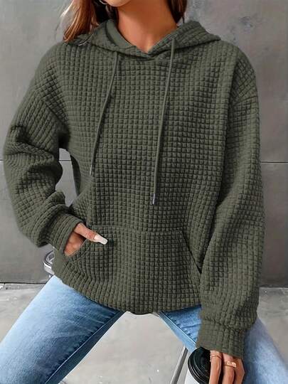 Loose Fit Pullover Solid Color Hooded Long Sleeve Waffle Knit Sweatshirt, Autumn