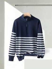 男士休闲宽松条纹 Polo 领拉链针织衫，简约商务通勤风格，秋冬款 - 藏蓝色 - 查看 2