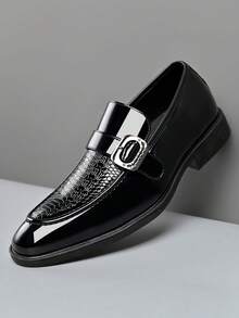 Nuove scarpe casual da uomo per l'autunno, scarpe eleganti slip-on con motivo floreale lucido e chiusura a fibbia - nero - Visualizzare 1