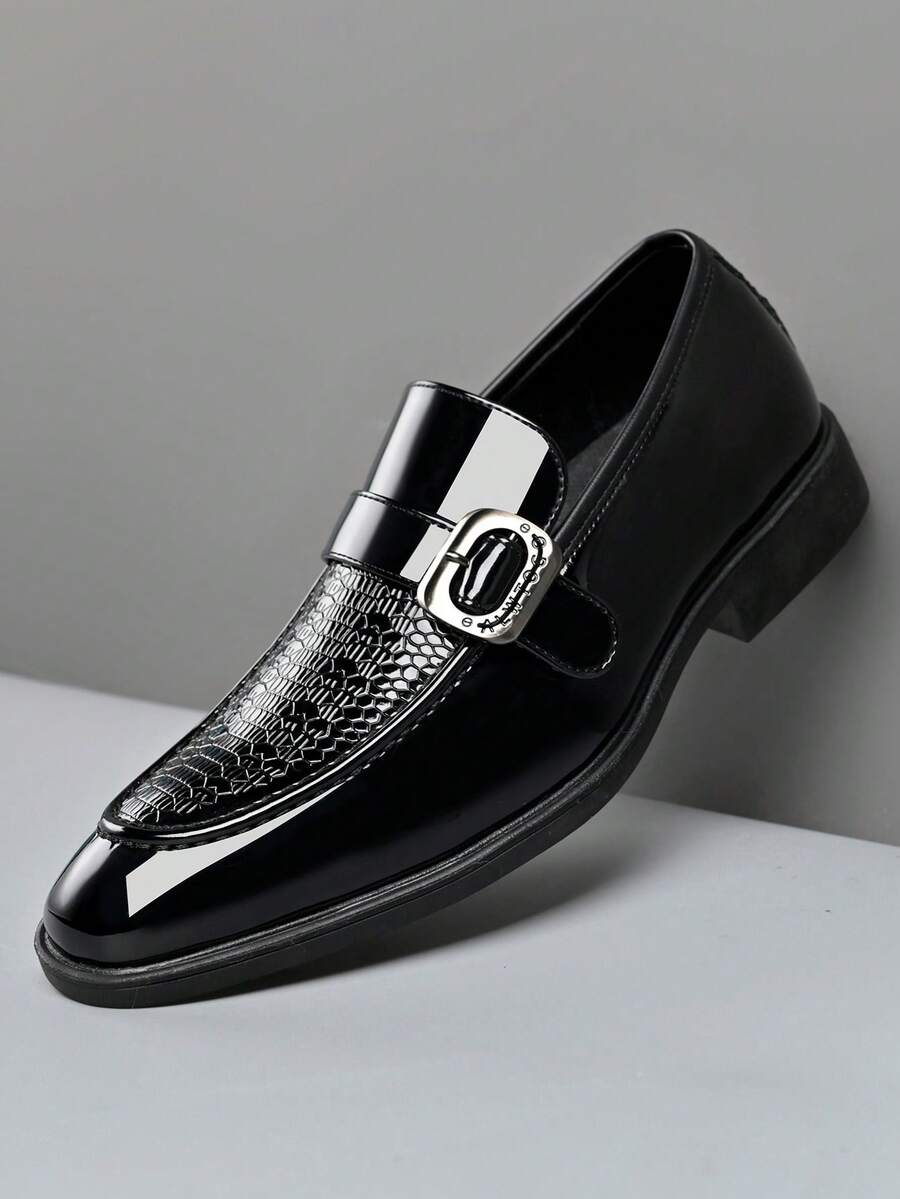 Nuove scarpe casual da uomo per l'autunno, scarpe eleganti slip-on con motivo floreale lucido e chiusura a fibbia - nero - Visualizzare 1