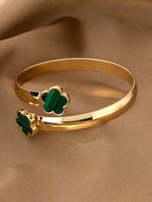 1pc Niche Design Metallic Smooth 5-Petal Flower Open Bangle Bracelet, Unique 5-Leaf Clover Bracelet For Girls - Green - View 5