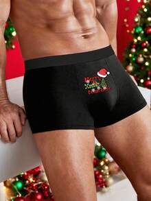 S-XXXXL Men's Christmas Letter Print Funny Black Boxer Briefs, Thin Comfortable Minimalist Slim Fit Stretchy Trunks - Black - View 3