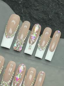 Christmas Nail 10 Pieces Of Pure Handmade Wearable False Nails, Long Ballet, Three-Dimensional Colored Diamonds, White French. Fully Covered And Reusable, Suitable For Parties, Music Festivals, And Other Events, It Is The First Choice For Girls And Women To Give Gifts, New Year's Nail, Halloween Nail. - 彩色 - 查看 2