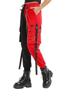 Black Cargo Pants Women Techwear Loose Street Rock Style Casual Pants With Chain Goth Style - 紅黑 - 查看 2