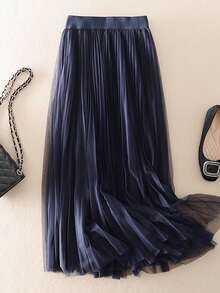 LuminousWealth Women's Elegant Pleated Mesh A-Line Skirt, Suitable For Casual Or Office Wear, Minimalist & Graceful | Polyester Mesh Skirt, Suitable For All Seasons, Great For Christmas & New Year - Màu xanh đậm - Xem 9