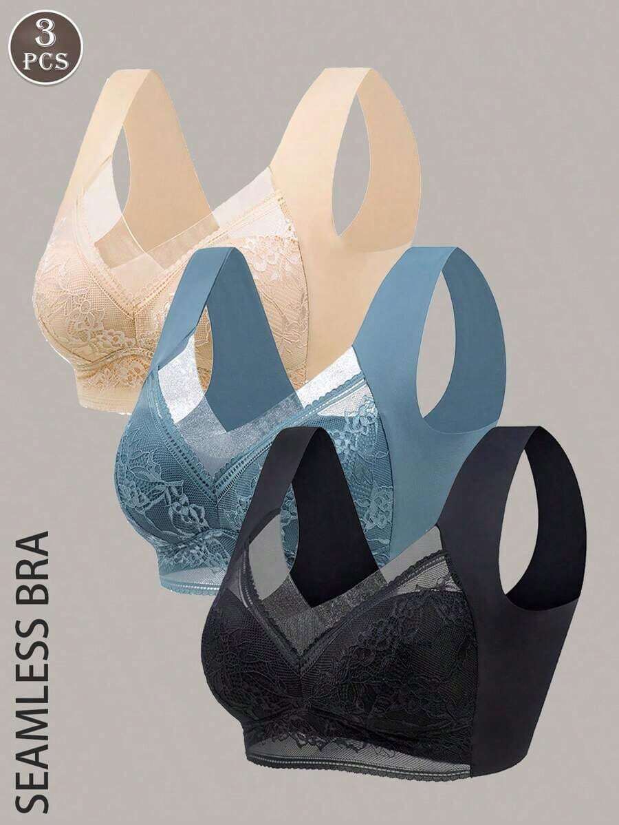 Juego de 6 piezas de sostenes sin costuras con encaje, sostén deportivo inalámbrico para mujer, sostén push-up, lencería atractiva, bralettes, ropa interior femenina, sostén sin alambre para mujer - 3 colores - Ver 1