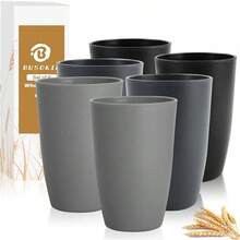 Wheat Straw Cups - 16 OZ Plastic Drinking Glasses Reusable, Large Drinking Cups, Lightweight Kitchen Cups Sets Of 6, Microwave & Dishwasher Tumbler (Multicolor) - 黑色,灰色 - 查看 2