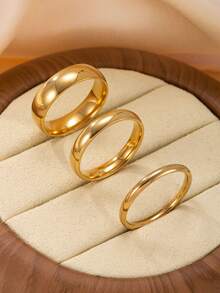3pcs Polished Stainless Steel Couple Rings Set, Plain Band Rings For Daily Stacking, Suitable For Everyday Wear, Valentine's Day Gift, Wedding Rings For Bride And Groom - Yellow Gold - View 1