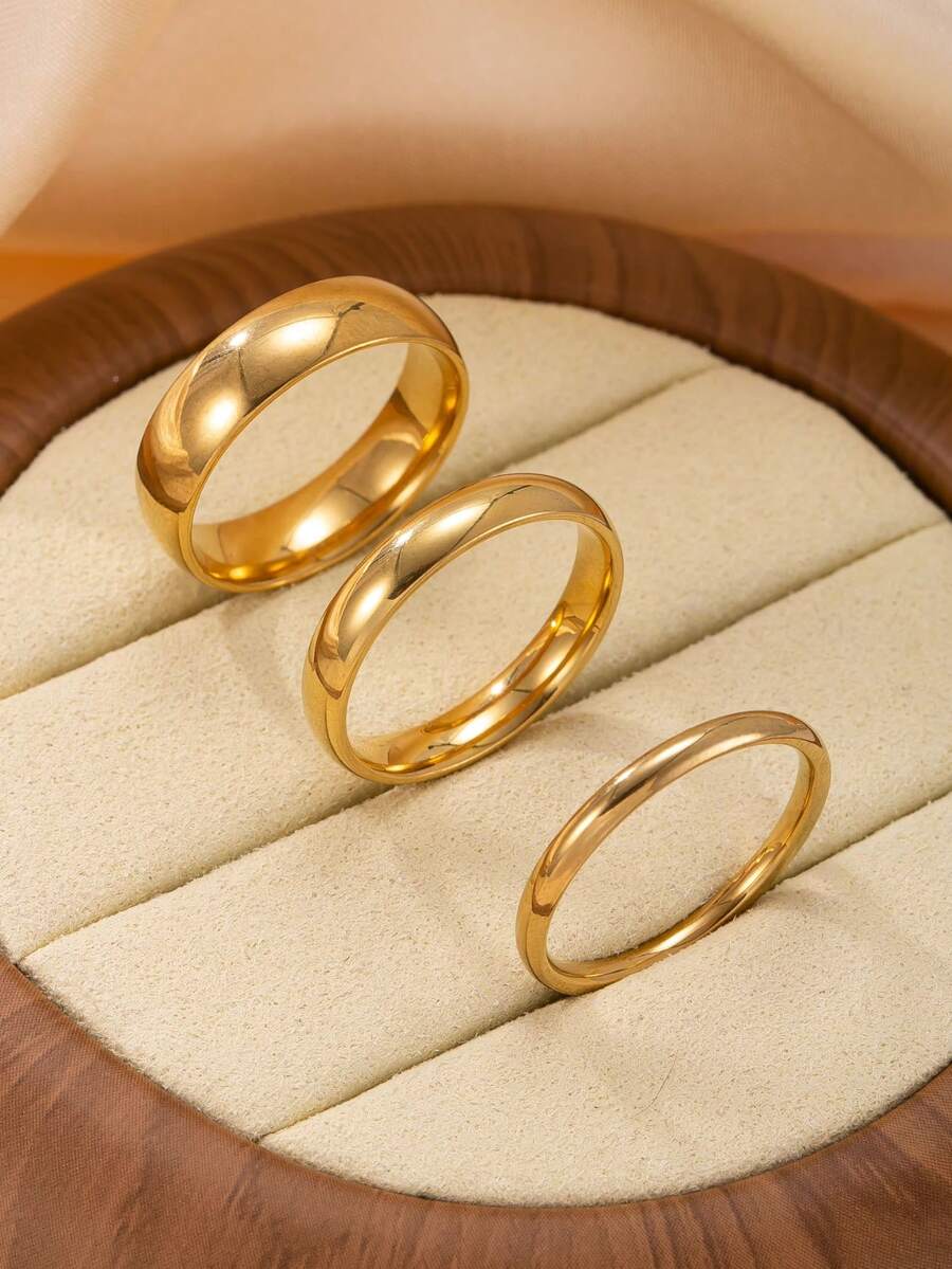 3pcs Polished Stainless Steel Couple Rings Set, Plain Band Rings For Daily Stacking, Suitable For Everyday Wear, Valentine's Day Gift, Wedding Rings For Bride And Groom - Yellow Gold - View 1