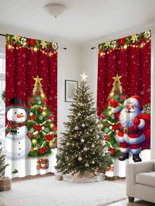 2 piezas Cortinas navideñas festivas, 60x150cm Cortinas de poliéster para decoración navideña, diseño de Papá Noel, muñeco de nieve y árbol de Navidad en rojo oscuro, cortinas filtrantes de luz para dormitorio, sala de estar, diseño de bolsillo para barra, decoraciones navideñas para el hogar 2025, decoración navideña y de invierno, suministros para fiestas navideñas, diseño plano 2D