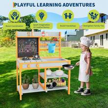 Outdoor Mud Kitchen For Kids,Outdoor Play Kitchen,Wood Outdoor Kitchen Playset With Removable Sink & Faucet,Dual-Sided Chalkboard,Storage Shelves&Pretend Stove,For Children Ages 3+ - Azul claro amarillo - Ver 7