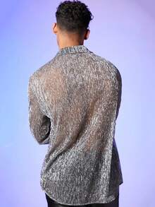 Men's Sheer Mesh See Through Glitter Button Front Long Sleeve Shirt Tops