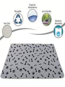 1pc Spring Microfiber Gray Paw & Bone Print Pet Mat, Super Absorbent, Non-Slip Backing, Indoor Home Use, 4mm Thickness