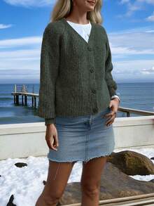 Casual Loose Long Sleeve Solid Color Ribbed Front Button Women Cardigan, Suitable For Holidays, Daily Wear, Travel, Tea Party, Brunch, Country Music Concert, Spring/Autumn/Winter