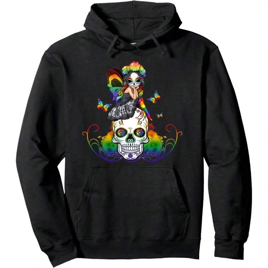 Sugar Skull Girl Flower Rose Butterfly LGBT Pride Gay Pullover Hoodie - Oscuro - Ver 1