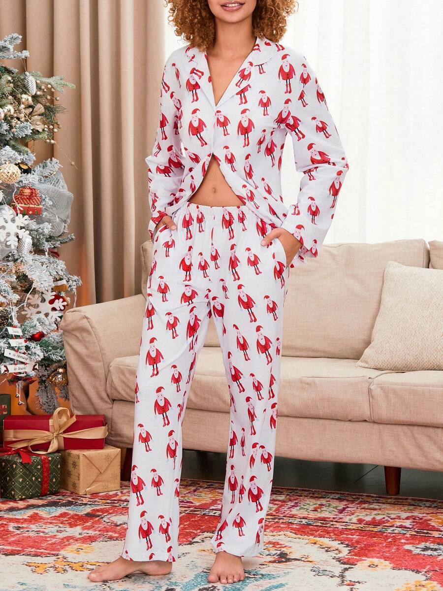 Women's Christmas Pajamas Set Santa Claus Print Long Sleeve Lapel Button Tops With Elastic Waist Long Pants Loungewear - Beige - View 1