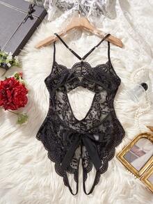 1pc Women's Sexy Backless Lace Trim Bodysuit, Sheer Bow Accent, All-In-One Design, Suitable For Loungewear Or Private Parties, Lingerie - Black - View 8