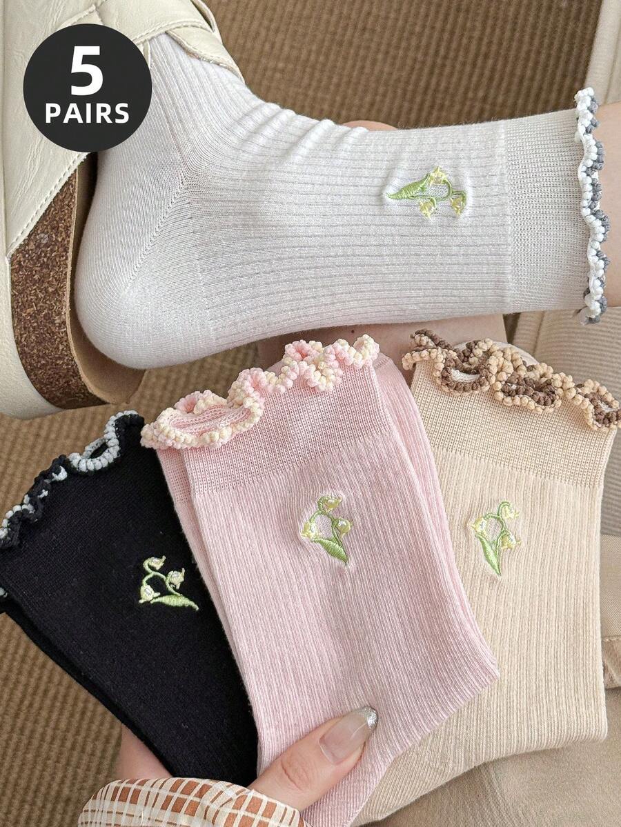 1/5 pares de calcetines de media caña con tulipanes florales y encaje para mujer, calcetines dulces y lindos para uso casual diario, otoño - Multicolor - Ver 1