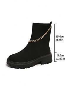 New Plus Size Women Boots, Elastic Band, Chain Decor, Knit, High-Top, Breathable, Lightweight, Casual, Versatile, Suitable For Spring, Autumn And Winter - Black - View 8