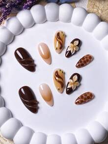 10 件手工杏仁形棕色扎染浸染法式 3D 花朵指甲贴纸，带金珠，简约法式 3D 花朵设计，可爱优雅的美甲贴花 - 彩色 - 查看 7