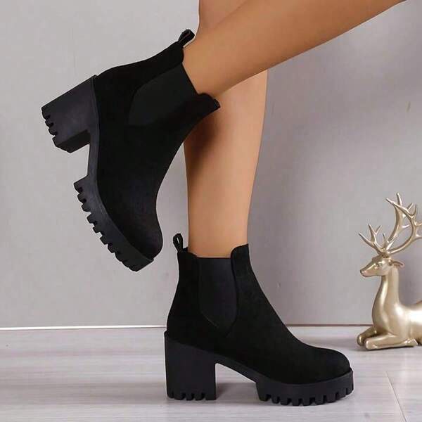 Women's Black Chunky Heel Ankle Boots, Casual Side Zipper Round Toe Booties, Comfortable Ankle Boots, Zipper Fashion Boots, Skinny Boots, Women's Fashion Ankle Boots, Thick Heel & Sole, Casual Design, Women's Chunky Ankle Chelsea Boots Elastic Boots Thick Heel Casual Boots, Women's Shoes, New Fashion Thick Heel Sexy Women Short Boots