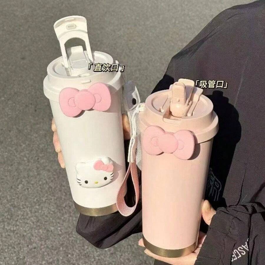 1pc Sanrio KT Kitty Insulated Water Bottle, Girls' Cold Coffee Cup, Stainless Steel Material, High-End Appearance, Student Portable Tumbler With Straw - Leak-Proof, Suitable For Car Cup Holder, Keeps Warm/Cold - Perfect For Iced Drinks In Summer, Cute Cartoon Design With Stars And Characters - Perfect Gift For Birthday And Valentine's Day - Multicolor - View 1