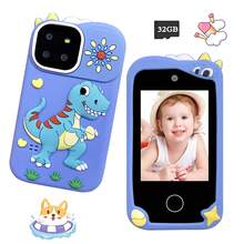 Dinosaur Kids Toy Phone With 2.8" HD Touchscreen & 32GB Card, Cute Silicone Case With Carry Strap, Dual Camera & Video Recording, Multi-Function Educational Games & ABC Learning, Halloween & Christmas Gift (Blue) - Multicolor - View 3