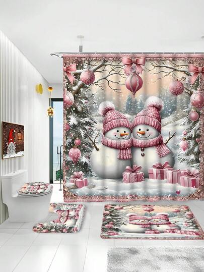 Weihnachts-Schneemann Duschvorhang-Set mit rutschfester Badematte, U-förmiger Toilettendeckel-Abdeckung und Polyester-Teppich - wasserdichte Winter-Badezimmer-Dekoration, mit 12 Haken, maschinenwaschbar, modischer Vorhang, ohne Futter - Weihnachtsgeschenk, rosa Design