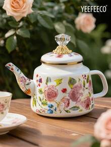 yeefeeco 1PC 1.2L木柄珐琅咖啡壶，玫瑰印花咖啡壶，短木柄珐琅壶，钻石顶玫瑰图案珐琅壶，欧式城堡风格咖啡壶，茶壶，炉头，油壶，调味罐，玫瑰印花糖罐，茶叶罐，咖啡豆罐，调味罐，适用于家庭，咖啡店，庭院，沙特国庆 - Enamel Pot - 查看 6