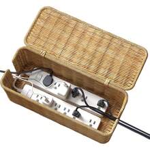 Cable Management Box, Handmade Rattan Cable Organizer, 2 Open Slots Cords Hider Box, Under Desk Cord Organizer For Computer Router USB Hub & Power Strip, Patent Pending, 13" X 5.1" X 5.1", Natural - 杏色 - 查看 1