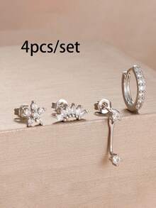 4pcs/8pcs Exquisite Cubic Zirconia Flower Stud Earrings Set Fashion Stack Earring Ear Piercing Jewelry For Women Party, Daily Wear - LM-flower Earrings Set - View 8