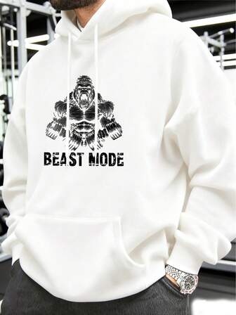 Men's Autumn And Winter Sports Sweatshirt, Casual Printed Sweatshirt, White Hooded Sweatshirt, Beast Mode, Gorilla, Suitable For Outdoor Sports And Fitness,And Everyday Casual Wear.