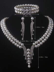 1 Set Bridal Accessories: 2-Row Elastic Bracelet + 2-Row Beaded Necklace + 1 Pair Earrings, Elegant Chain Set For Wedding Dress, Banquet, Ceremony