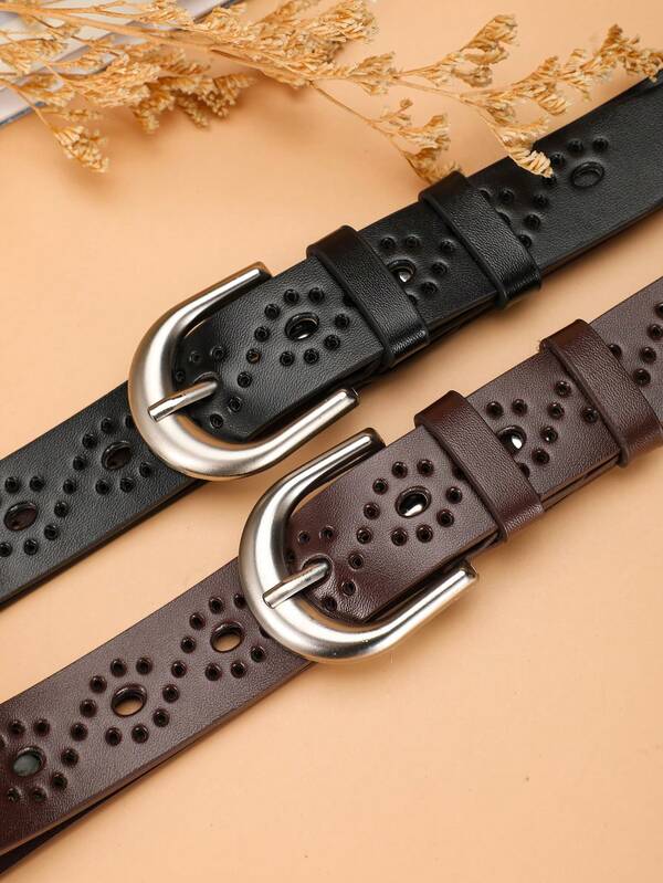 2pcs Casual Fashion Minimalist Vintage Style Hollow-Out PU Leather Belt For Women, Suitable For Daily, Party, And Matching