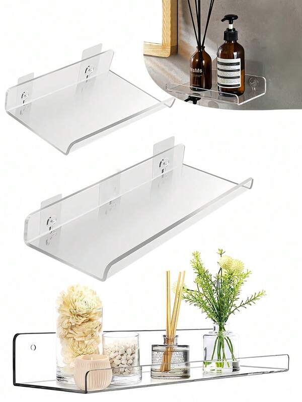 1pc Clear Acrylic Floating Shelf Self-Adhesive Storage Shelf, Luxury Home Decor Organizer, Wall-Mounted Toy & Books Display Rack, Bathroom Soap Dispenser Holder, Space-Saving, Minimalist Design