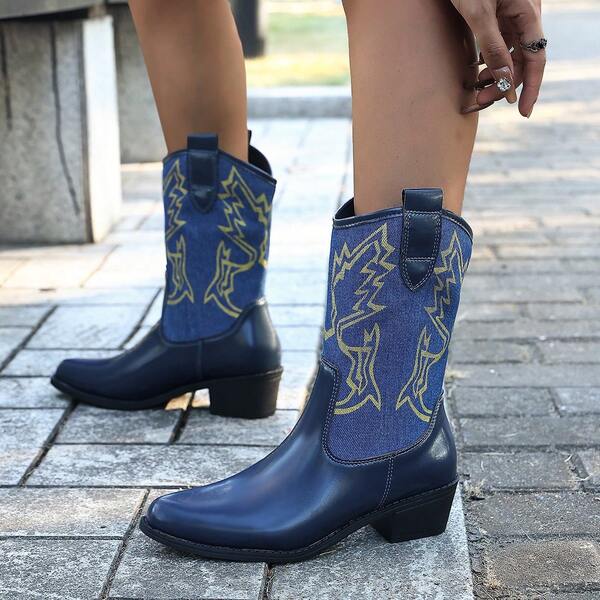 Casual Chunky Heel Street Embroidery Festival Women Western Boots